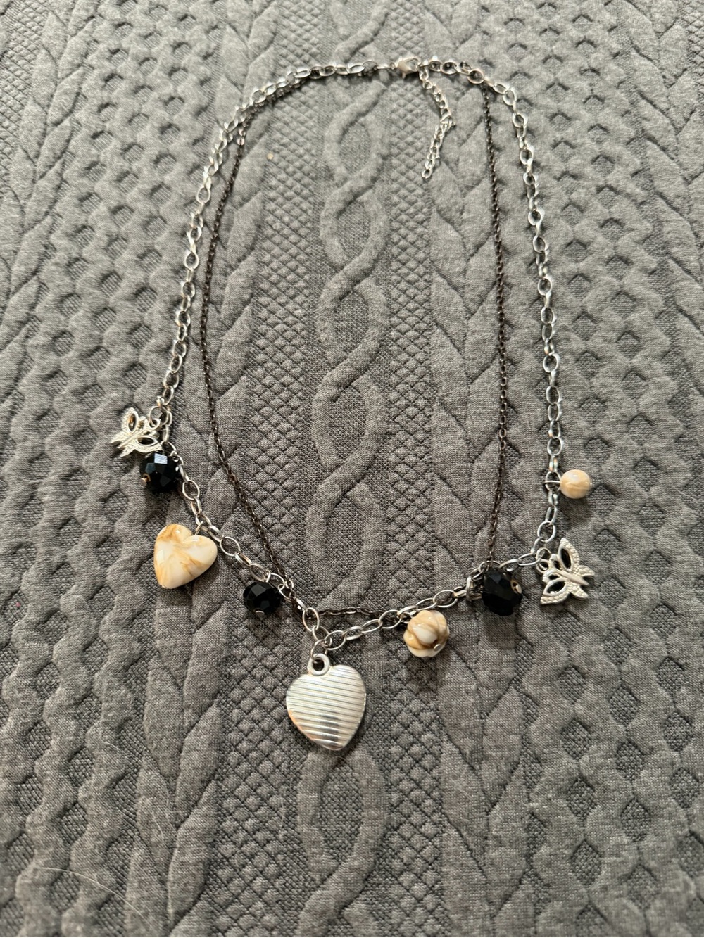 Silver Heart Charm Double-Layer Necklace with Black and Cream Beads